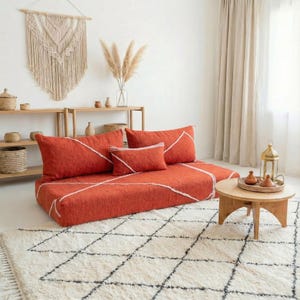 Moroccan wool floor sofa bed, handmade beni ourain loveseat, orange and white togo sofa, berber custom couch cover, Large arabic majlis sofa