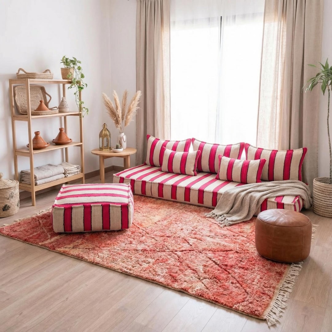 Moroccan Wool Floor Sofa, Handmade Beni Ourain Loveseat, Large Arabic ...