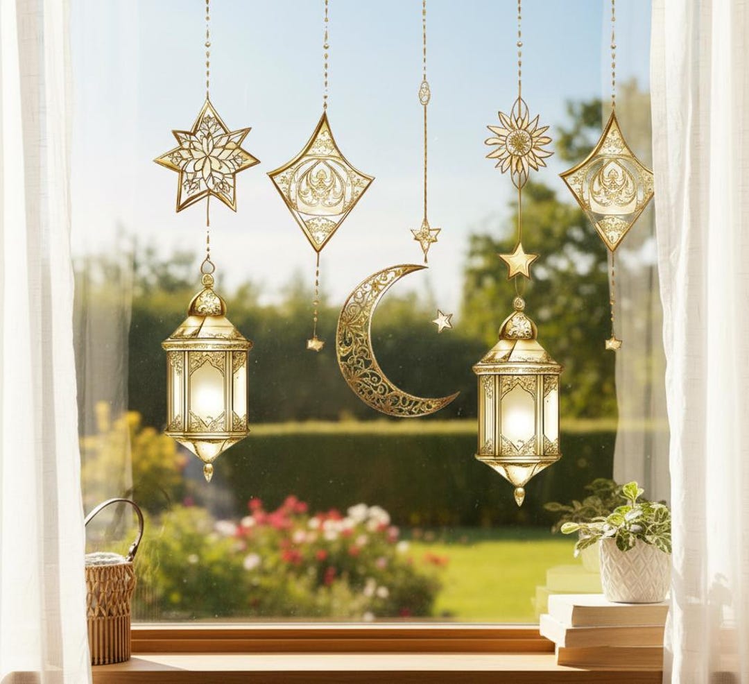Ramadan Kareem Backdrop Gold Lanterns Moon Stars, Eid Mubarak Wall Art ...