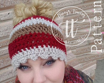 Bun beanie crochet pattern, ponytail, DIY MYO beanies winter fashion warm hat running jogging mom hair messy