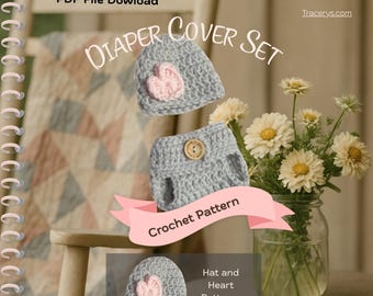 Crochet Pattern – Baby Diaper Cover, Hat and Mini Heart Set | Preemie & Newborn Sizes | PDF Instant Download