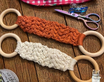 Crochet Towel Holder with Wooden Rings | Farmhouse Kitchen Towel Holder | Handmade Hanging Towel Ring | Rustic Bathroom or Kitchen Decor