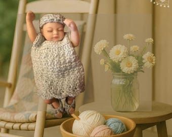 Ready to Ship – Preemie Baby Girl Outfit | Dress, Slippers & Crown Headband | Handmade Crochet Keepsake with Wooden Buttons