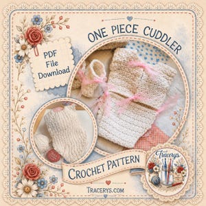 Può includere: Immagine di un modello all'uncinetto per un'accogliente tutina intera color crema, adornata con nastri rosa. L'immagine include un'etichetta di download del file PDF e il testo "Crochet Pattern" con un indirizzo web. Elementi floreali e di pizzo incorniciano l'immagine.