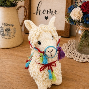 May include: A handmade, off-white crochet llama with a colorful halter. The llama has a curly texture and is adorned with red, blue, and green tassels. A wooden sign with the word "home" is in the background.