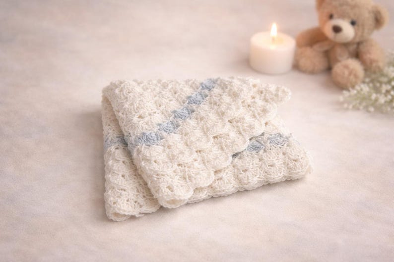 May include: A folded, off-white crocheted baby blanket with a light blue stripe detail. The blanket has a scalloped edge and is placed on a soft, light-colored surface. A lit candle and a teddy bear are in the background.