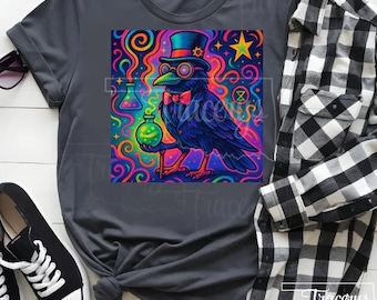 Neon Steampunk Crow PNG | Colorful Top Hat Raven Clipart | Digital Download for Sublimation, T-Shirts, and Crafts