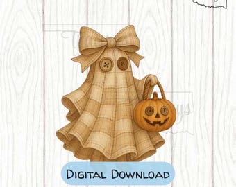 Rustic Plaid Ghost PNG | Halloween Ghost Clipart with Pumpkin | Cute Fall Ghost Illustration | Digital Download for Sublimation & Crafts