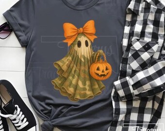Camouflage Coquette Halloween Ghost PNG | Cute Camo Ghost with Pumpkin and Bow | Fall Sublimation Design | Digital Download