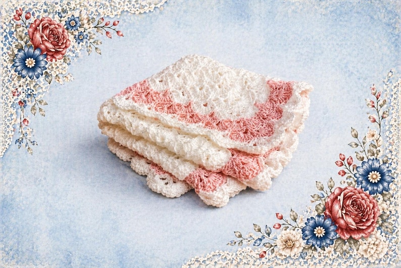 May include: A stack of three white and pink crocheted baby blankets. The blankets have a scalloped edge and a pink border. The background is a light blue with floral and lace accents.