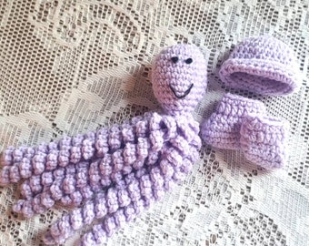 Preemie beanie, booties and Octopus, lavender booties, lavender beanie, mirco preemie booties, micro preemie beanie, NICU Octopus