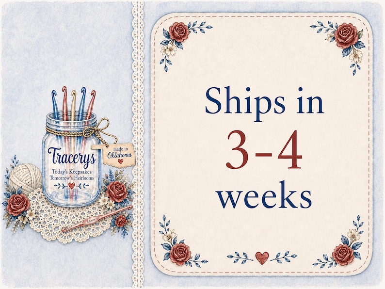 May include: A watercolor illustration featuring a mason jar filled with crochet hooks, a ball of yarn, and a crochet doily. The text "Tracery's Today's Keepsakes Tomorrow's Heirlooms" is visible. The image also includes the text "made in Oklahoma".