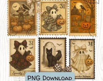 Vintage Halloween Postage Stamp PNG | Retro Spooky Season Clipart | Ghost, Pumpkin, Cat,  Crow Digital Download | Halloween Sublimation