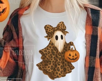 Leopard Print Halloween Ghost PNG | Cute Retro Ghost with Pumpkin and Bow | Bougie Digital Download