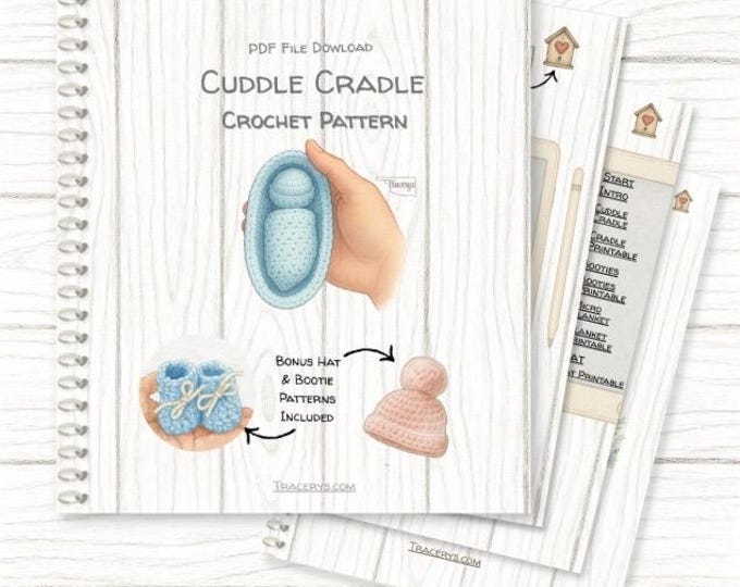 Featured listing image: Crochet Pattern for Infant Loss – Cuddle Cradle, Micro Preemie Booties, Hat | Digital Download | PDF + Digital Planner Compatible