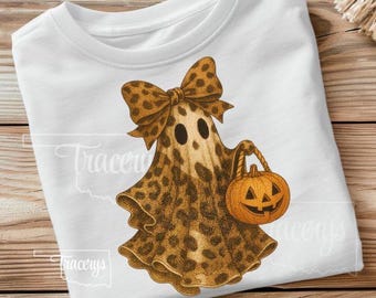 Leopard Print Halloween Ghost PNG | Cute Retro Ghost with Pumpkin and Bow | Bougie Digital Download