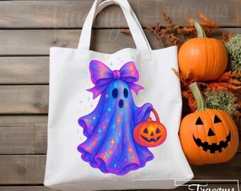 Iridescent Sparkle Halloween Ghost PNG | Cute Glowing Ghost with Pumpkin and Bow | Cute Colorful Ghost | Digital Download | Neon