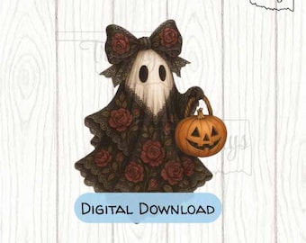 Floral Lace Ghost PNG | Gothic Halloween Ghost Clipart | Vintage Black Rose Ghost Holding Pumpkin | Digital Download for Sublimation Retro