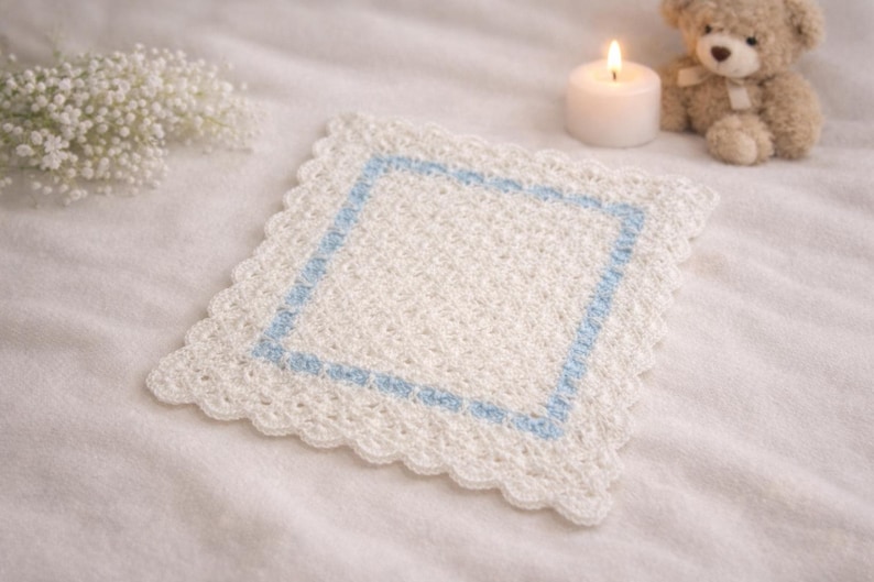 May include: A square, off-white crocheted doily with a light blue square border and scalloped edges. A lit white candle, a small teddy bear, and a sprig of white flowers are in the background.