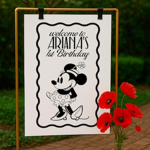 Letrero de bienvenida de Minnie Mouse, decoración para fiesta de cumpleaños de Minnie Mouse, letrero de bienvenida de cumpleaños de Minnie Mouse, minimalista, descarga digital instantánea