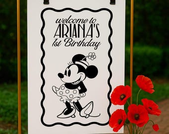 Letrero de bienvenida de cumpleaños de Minnie Mouse, decoración minimalista para fiestas (descarga digital)