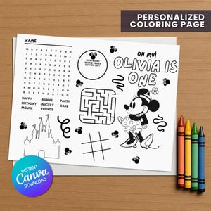 Personalized Vintage Minnie Mouse Activity Placemats, Custom Coloring Sheets for Birthday Parties, Instant Digital Download, Printable