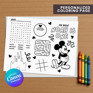 Personalized Vintage Mickey Mouse Activity Placemats, Custom Coloring Sheets for Birthday Parties, Instant Digital Download, Printable