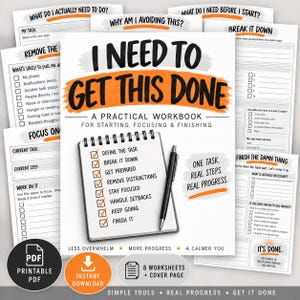 Puede incluir: Un libro de trabajo práctico titulado I NEED TO GET THIS DONE con un bolígrafo negro sobre una página de lista de verificación. La portada presenta trazos de pincel naranja y texto que incluye A PRACTICAL WORKBOOK y 8 WORKSHEETS.