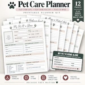 Puede incluir: Un kit de planificador de cuidado de mascotas imprimible de 12 páginas con secciones para información de la mascota, registros médicos y contactos de emergencia. Incluye una tarjeta para billetera y formularios con iconos de huellas.
