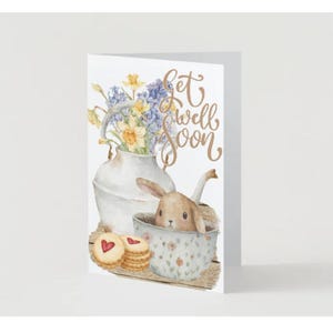 Printable 5x7 Cottagecore Get Well Soon Card - Bunny in TeaCup - instant download,  printable greeting cards