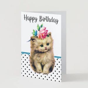 Printable 5x7 Birthday Card - Vintage Retro Cards - Cat, Roses - instant download,  printable greeting cards