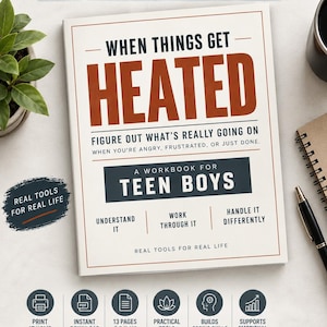 Può includere: Un quaderno di esercizi stampabile di 13 pagine intitolato When Things Get Heated: Figure Out What's Really Going On When You're Angry, Frustrated, Or Just Done. A Workbook For Teen Boys. La copertina presenta testo bianco, arancione ruggine e grigio.