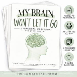 Pode incluir: Um caderno de exercícios branco intitulado MY BRAIN WON'T LET IT GO A PRACTICAL WORKBOOK FOR OVERTHINKING com uma ilustração em aquarela verde de um cérebro. A capa inclui o texto QUIETER THOUGHTS, CLEARER PERSPECTIVE, A CALMER YOU.