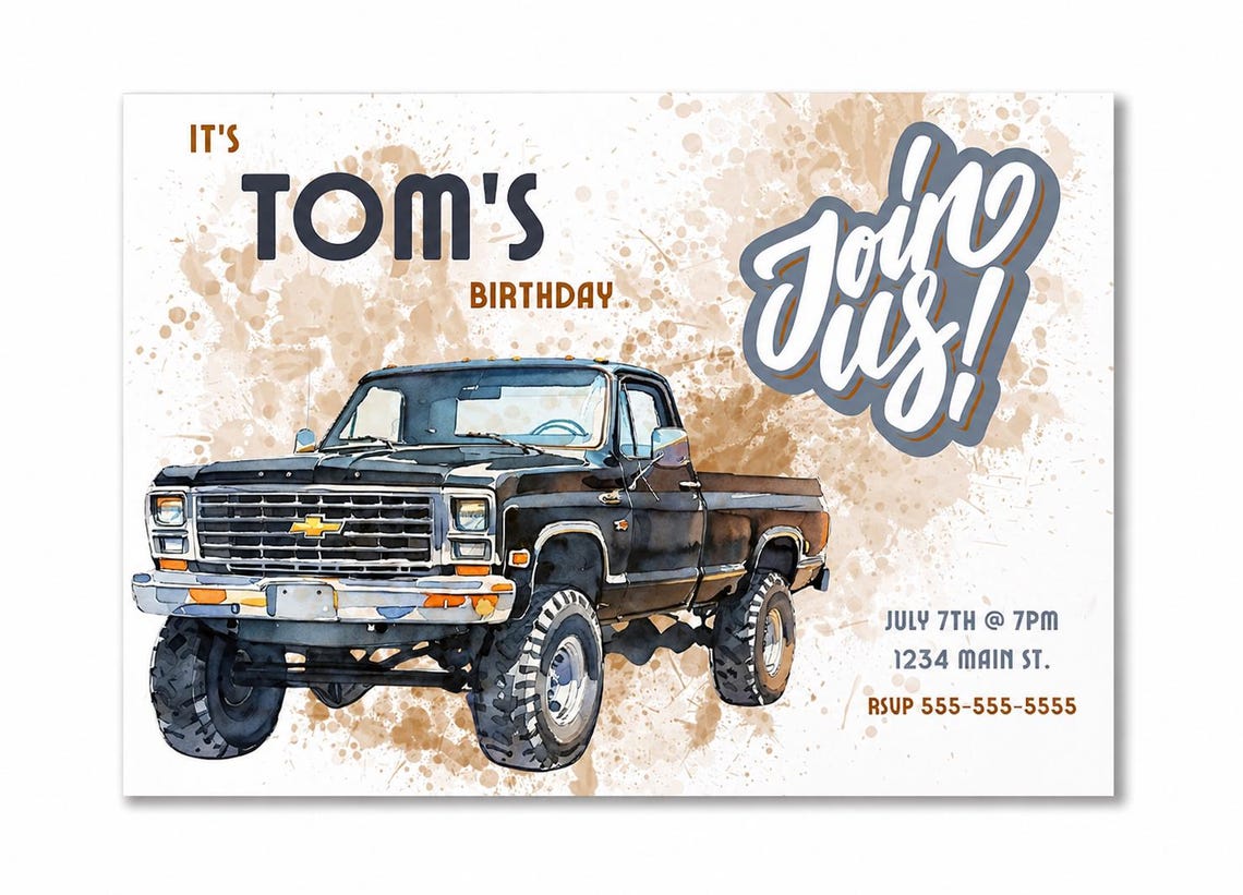 Chevy Truck Birthday Invitation Card | 1987 Square Body Pickup | Text ...