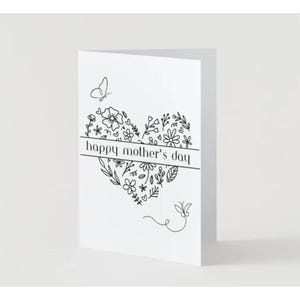 Tarjeta imprimible para el Día de la Madre de 5x7 - Corazón floral minimalista en blanco y negro - Tarjetas para imprimir y colorear - Descarga instantánea, tarjetas de felicitación imprimibles
