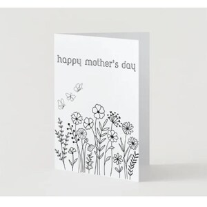 Tarjeta imprimible para el Día de la Madre de 5x7 - Floral minimalista en blanco y negro - Tarjetas para imprimir y colorear - Descarga instantánea, tarjetas de felicitación imprimibles