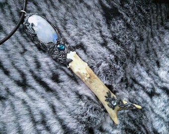 The Fauns of Winter - Rainbow Moonstone and Antler Wand Pendant