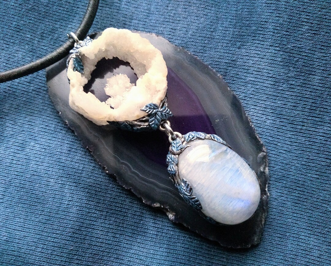 Moon Flower Quartz Geode and Rainbow Moonstone Pendant Etsy