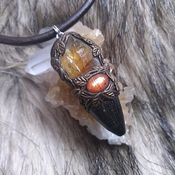 Primal Flames - Fossil Crocodile Tooth and Citrine Totem Pendant