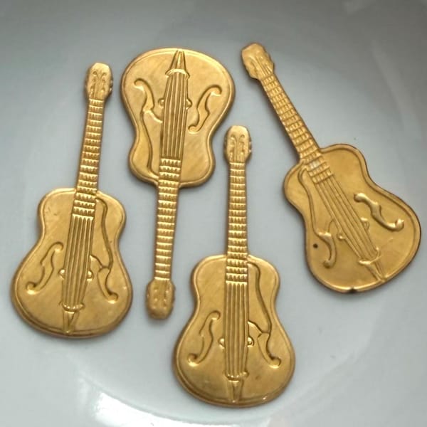 6 or 8 Vintage Brass Guitar Findings / Jewelry Stampings Playful Musical 28x12mm Jewelry Components FND14-C