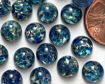 Vintage Blue Opal Art Glass Cabochons 8mm Silver Flecked Czech Jewelry Cabs C6-90