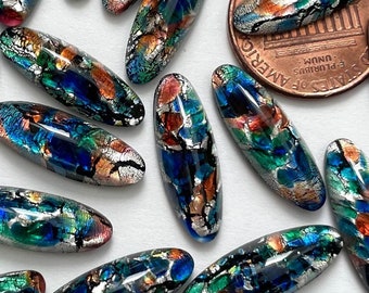 Vintage Black Opal Multi Cabochons 20x7 Art Glass Oblong Rainbow Harlequin Czech Jewelry Cabs C1-93