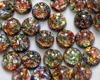 Vintage Glass Opal Cabochons 7mm Black Rainbow Green Orange Gold Foil w. Blue Purple flash Czech Jewelry Cabs C1-71-B
