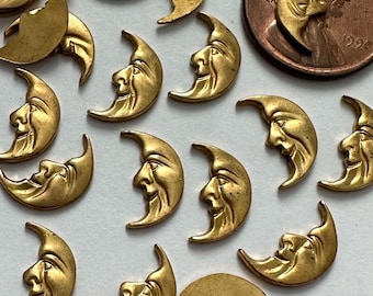 Vintage Crescent Moon Findings Brass 12x7.5 Celestial Smiling Moonface Jewelry Stampings / Craft Embellishment AS IS  FND81-C