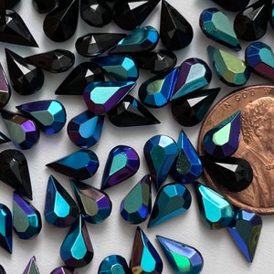 Vintage Blue Purple Iris Rhinestones 8x5 Glass Jet Black Metallic AB Teardrop Faceted Jewelry Rhinestones STN220