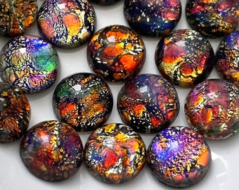 Vintage Black Opal Cabochons 10mm Glass Rainbow Harelquin Foil w. purple flash Jewelry Cabs C1-70