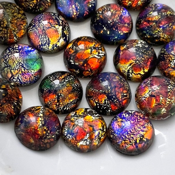 Vintage Black Opal Cabochons 10mm Glass Rainbow Harelquin Foil w. purple flash Jewelry Cabs C1-70