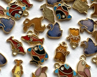 Vintage Enamel Charms / Jewelry Findings Teeny Enameled Brass Fish Bambi Doe Swan Cat Parrot Bird Craft Embellishments