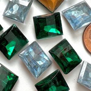 Vintage Art Deco Stones Glass 14x12 Emerald Green Pale Blue AS IS Foiled Jewelry Stones STN84