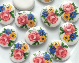 Vintage Flower Cabochons Rose Limoges Pink Blue Yellow Multi White 10x8 Flatback Jewelry Cabs C4-20-B